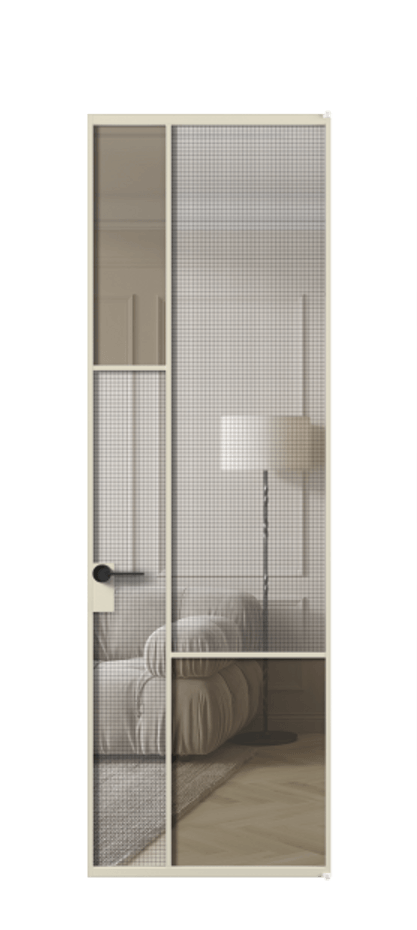 Межкомнатная дверь Mosaic АЛПЛ041.13 Алюминий бежево-серый Декоративное стекло с сеткой "Mesh silver", триплекс, 6 мм + Прозрачное бронзовое стекло, триплекс, 6 мм Цена 96160 ₽ | Volhovec