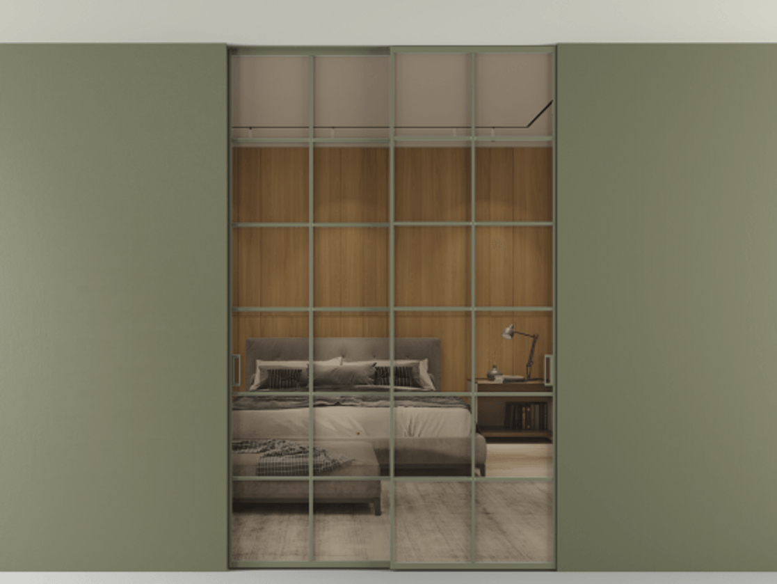 Перегородка Formato внутри проёма двустворчатая со скрытым креплением в потолок АЛПР 040.05 Алюминий оливковый тёмный Рефлективное бронзовое стекло "Stopsol", калёное, 6 мм.  Цена 305140 ₽ 1. Полотно 2 шт. (800/2100 мм)
 2. Комплект установки раздвижной системы
 3. Базовый комплект фурнитуры
4. Ручка RONDO. Фабрика дверей Волховец 8 (800) 551 43 19  Перегородка Formato внутри проёма двустворчатая со скрытым креплением в потолок АЛПР 040.05 Алюминий оливковый тёмный Рефлективное бронзовое стекло "Stopsol", калёное, 6 мм Цена 305140 ₽ | Volhovec