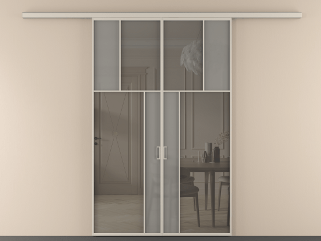 Перегородка Mosaic вдоль стены двустворчатая АЛПР 041.22 Алюминий светло-бежевый Сатинированное серое стекло, триплекс, 6 мм + Прозрачное серое стекло, триплекс, 6 мм.  Цена 249640 ₽ . Фабрика дверей Волховец 8 (800) 551 43 19  Перегородка Mosaic вдоль стены двустворчатая АЛПР 041.22 Алюминий светло-бежевый Сатинированное серое стекло, триплекс, 6 мм + Прозрачное серое стекло, триплекс, 6 мм Цена 249640 ₽ | Volhovec