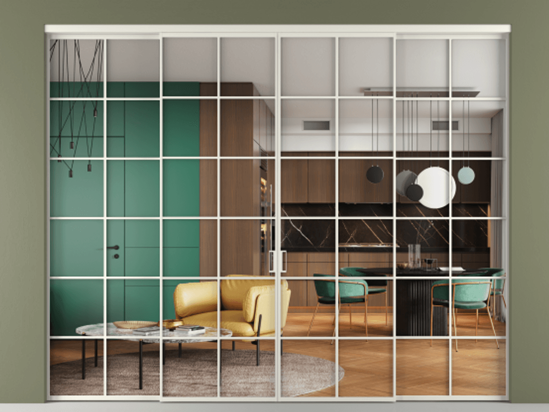 Перегородка Формато внутри проёма 4 створки АЛПР 040.05 Алюминий Белый Прозрачное стекло "Кристал Вижн", калёное Цена 442800 ₽  | Volhovec