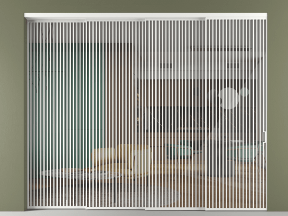 Перегородка Формато внутри проёма 4 створки с синхронным механизмом АЛПР 040.06 Алюминий белоснежный Рефлективное прозрачное стекло "Стопсол", калёное Цена 975400 ₽ | Volhovec