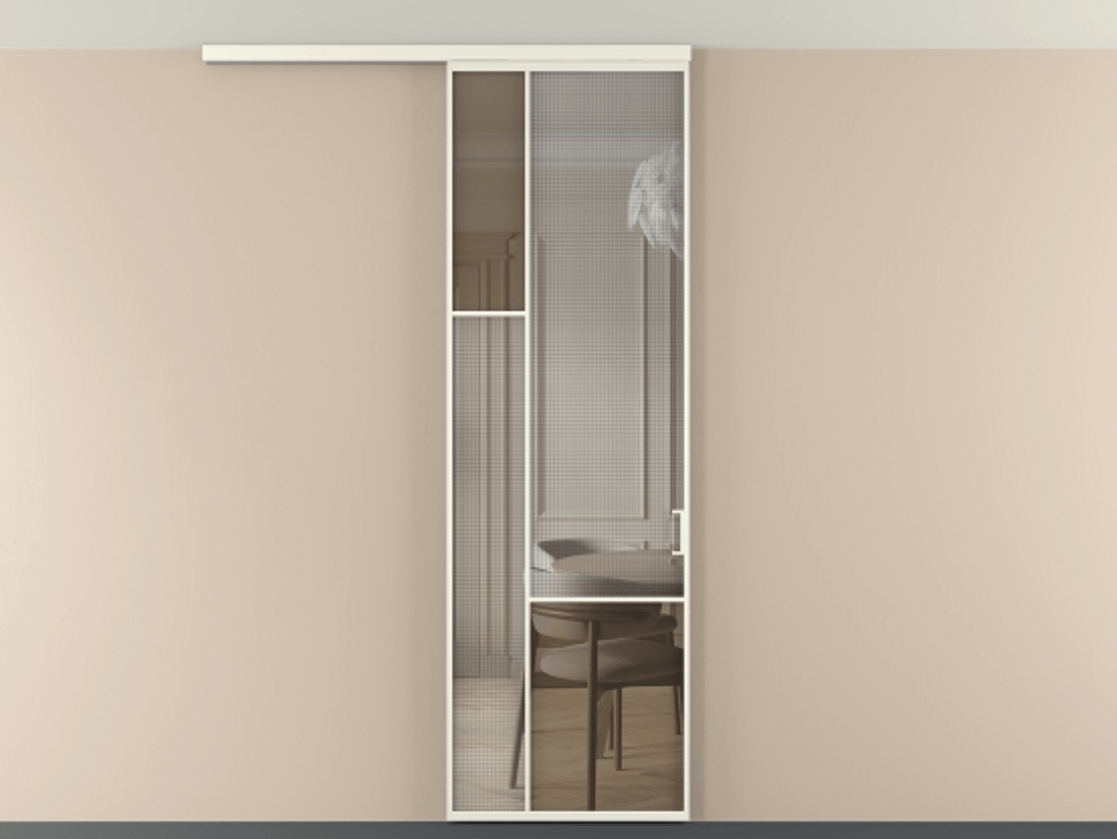 Перегородка Mosaic вдоль стены на потолок 1 створка АЛПР 041.13 Алюминий жемчужный Декоративное стекло с сеткой "Mesh silver", триплекс, 6 мм + Прозрачное бронзовое стекло, триплекс Цена 141040 ₽ | Volhovec