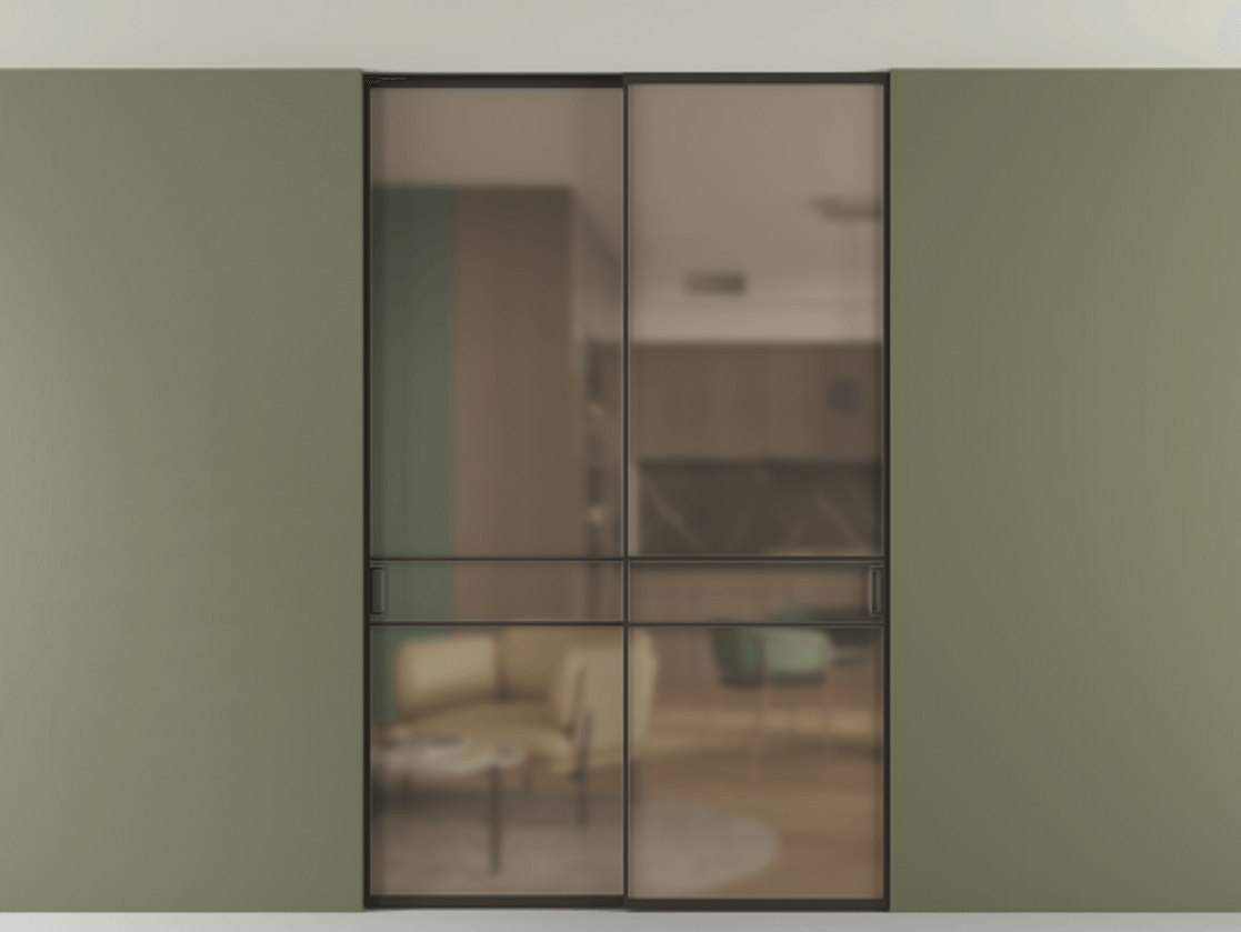 Перегородка Формато внутри проёма скрытое крепление в потолок 2 створки АЛПР 040.02 Алюминий антрацит Сатинированное бронзовое стекло, триплекс Цена 248215 ₽ | Volhovec