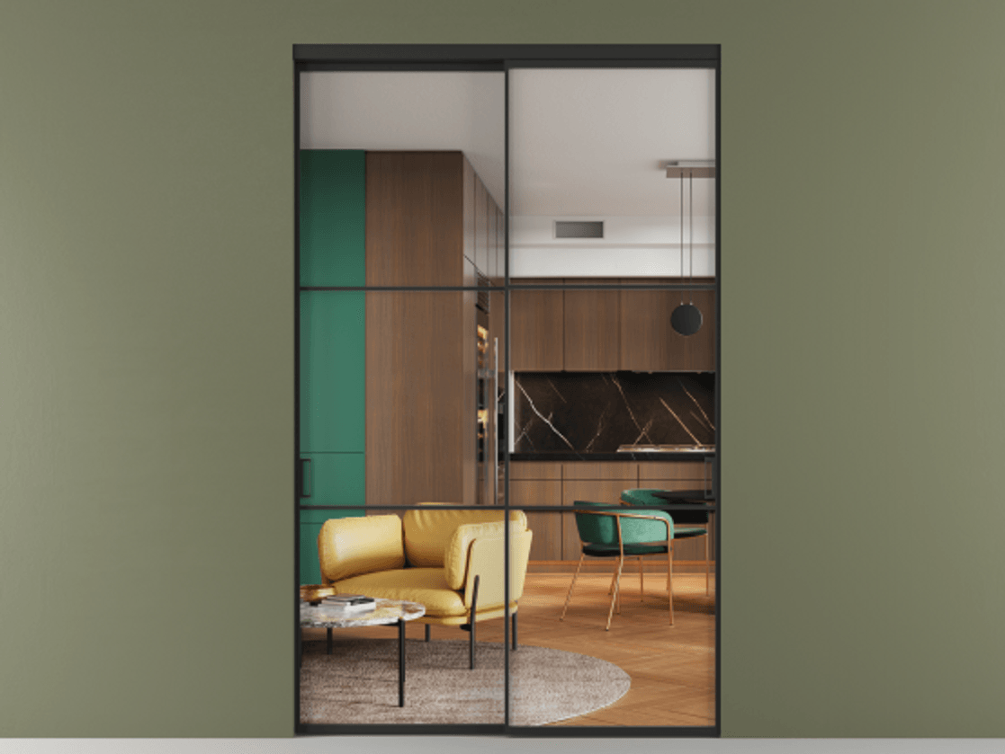 Перегородка Formato внутри проёма двустворчатая АЛПР 040.03 Алюминий Черный Прозрачное стекло "Crystal Vision", калёное, 6 мм Цена 205400 ₽  | Volhovec