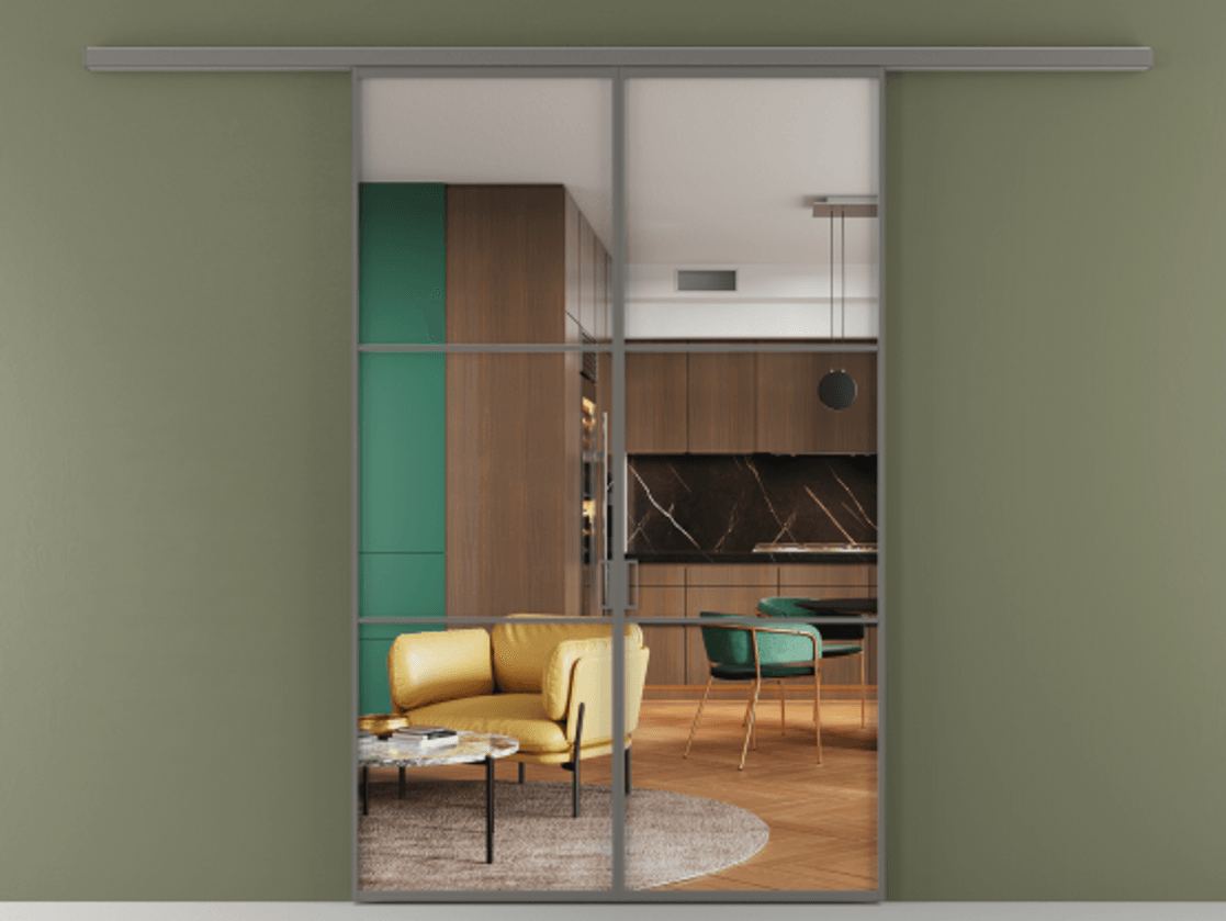 Перегородка Formato вдоль стены 2 створки АЛПР 040.03 Алюминий классический серый Прозрачное стекло "Crystal Vision", калёное Цена 249000 ₽ | Volhovec