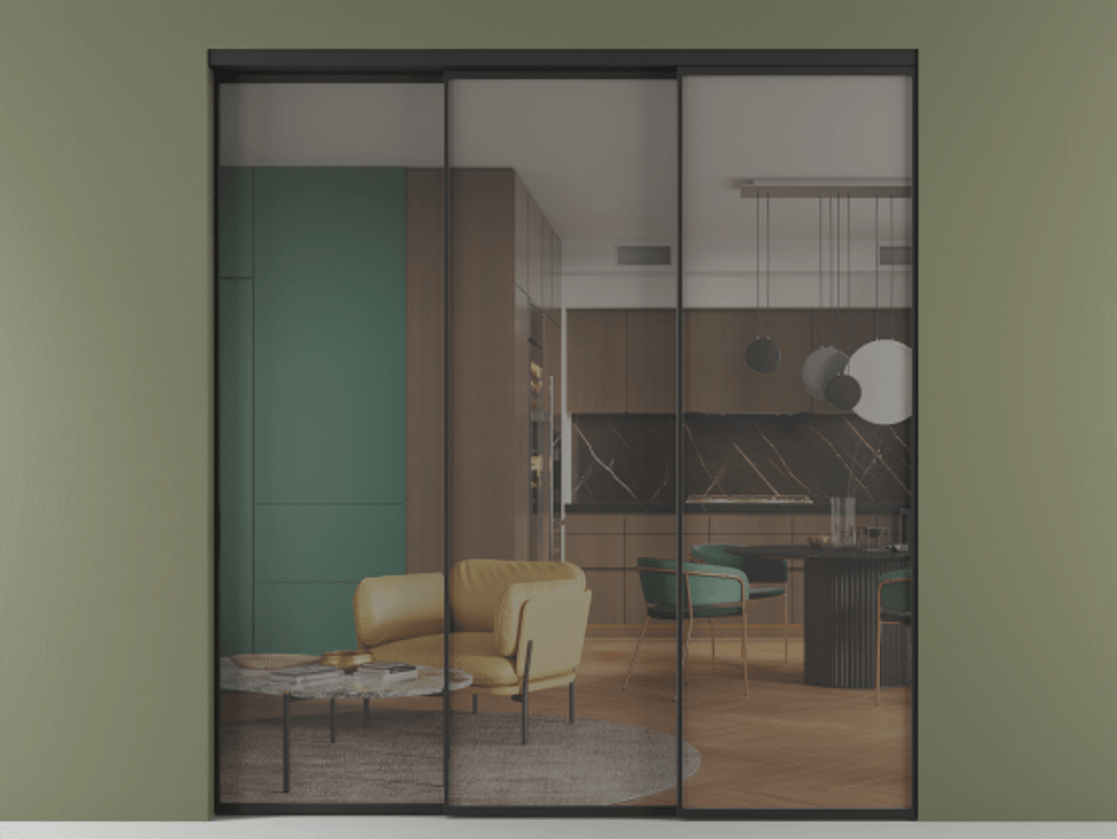 Перегородка Formato внутри проёма телескопик синхро 2 АЛПР 040.01 Алюминий Черный Прозрачное серое стекло, триплекс Цена 344500 ₽  | Volhovec