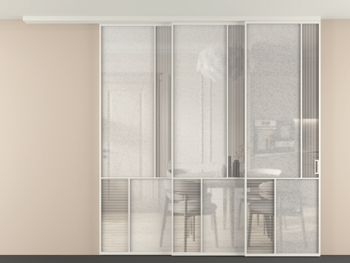 Перегородка Мозаик вдоль стены на потолок 3 створки с синхронным механизмом АЛПР 041.21 Алюминий Белый Рифлёное стекло "Дюна", триплекс, 6 мм + Фактурное стекло "Лёд", триплекс Цена 498680 ₽ | Volhovec