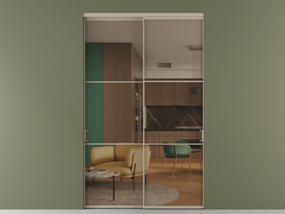 Перегородка Formato внутри проёма двустворчатая АЛПР 040.03 Алюминий бисквитный Прозрачное бронзовое стекло, триплекс, 6 мм.  Цена 168780 ₽ 1. Полотно 2 шт.  (800/2100 мм)
2. Комплект установки раздвижной системы
3. Базовый комплект фурнитуры
4.Ручка RONDO. Фабрика дверей Волховец 8 (800) 551 43 19  Перегородка Formato внутри проёма двустворчатая АЛПР 040.03 Алюминий бисквитный Прозрачное бронзовое стекло, триплекс, 6 мм Цена 168780 ₽  | Volhovec