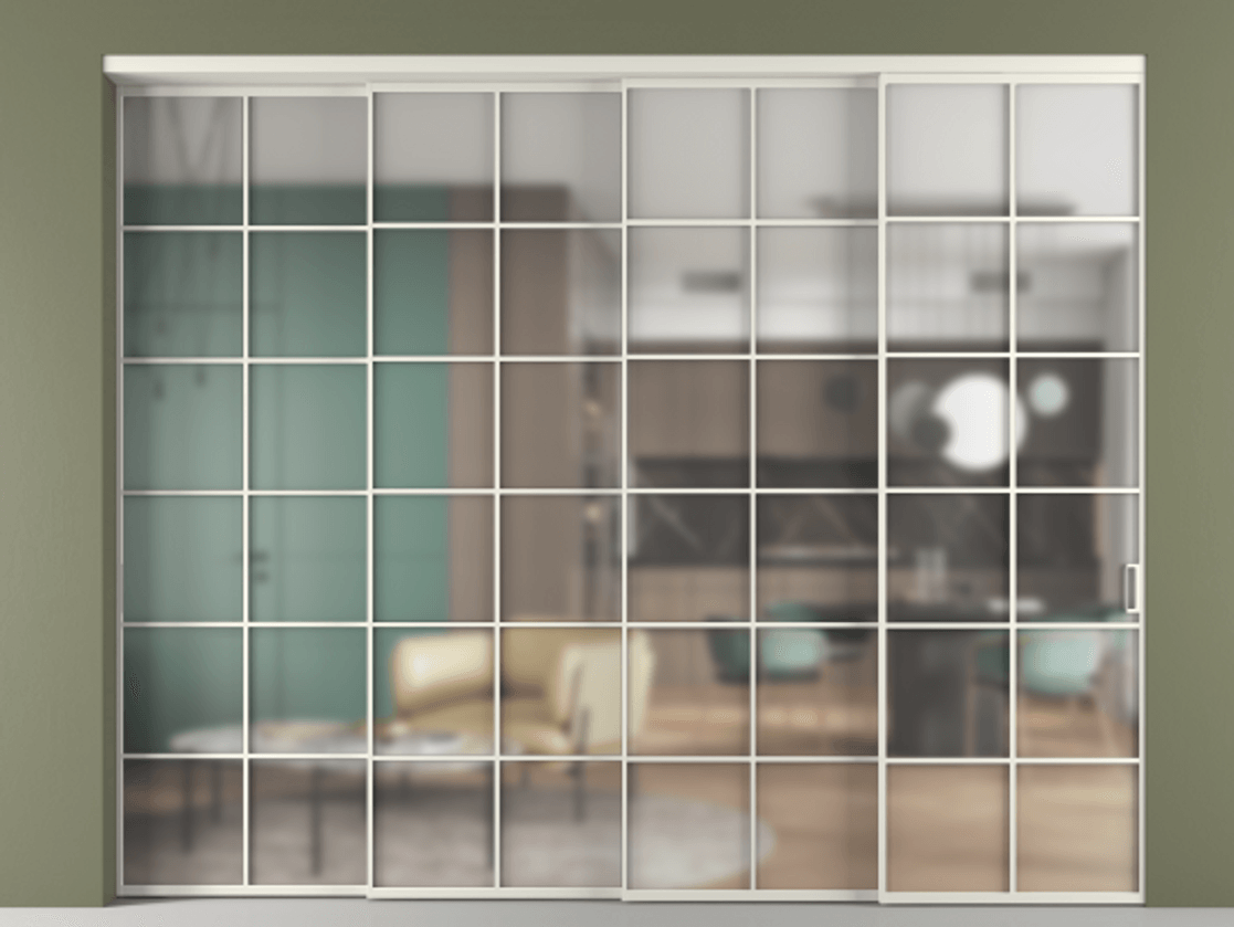 Перегородка Formato внутри проёма 4 створки с синхронным механизмом АЛПР 040.05 Алюминий Белый Сатинированное стекло "Matelux Crystal Vision", калёное, матовое, каленое 6 мм Цена 560900 ₽ | Volhovec