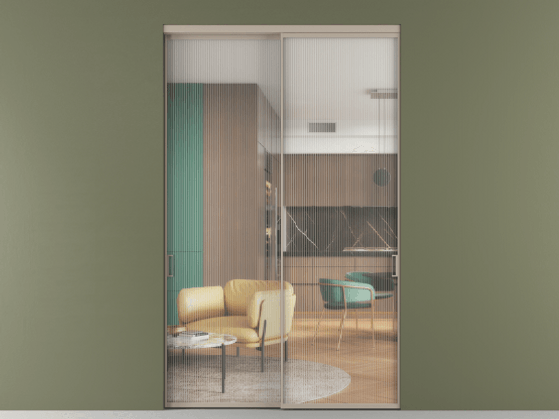 Перегородка Formato внутри проёма двустворчатая АЛПР 040.01 Алюминий бисквитный Рифлёное стекло "Moru", триплекс, 8 мм.  Цена 173420 ₽ 1. Полотно 2 шт.  (800/2100 мм)
2. Комплект установки раздвижной системы
3. Базовый комплект фурнитуры
4.Ручка RONDO. Фабрика дверей Волховец 8 (800) 551 43 19  Перегородка Formato внутри проёма двустворчатая АЛПР 040.01 Алюминий бисквитный Рифлёное стекло "Moru", триплекс, 8 мм Цена 173420 ₽  | Volhovec