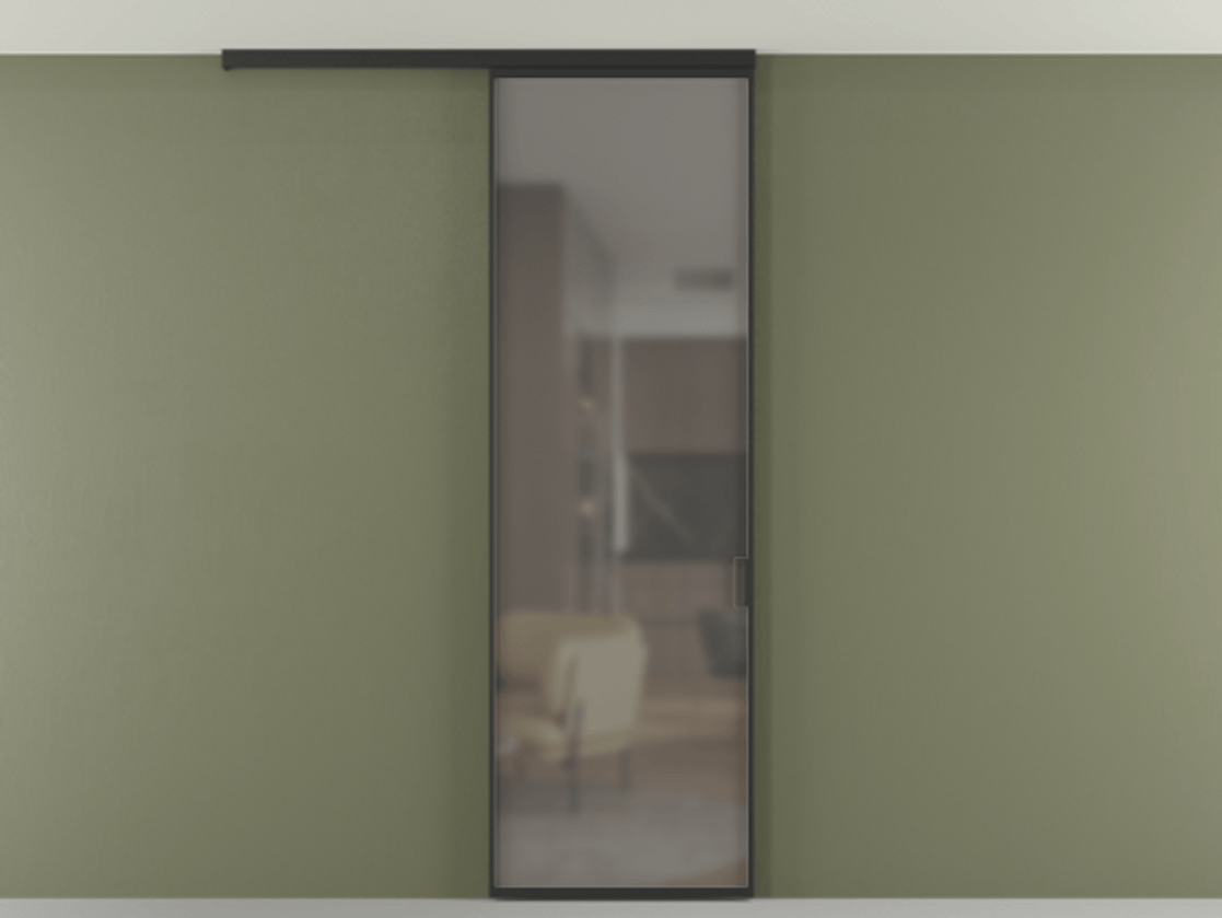 Перегородка Formato вдоль стены на потолок одностворчатая АЛПР 040.01 Алюминий Черный Сатинированное серое стекло, триплекс, 6 мм Цена 100950 ₽ | Volhovec