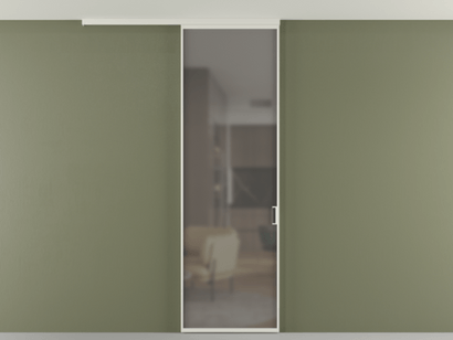 Алюминевая перегородка pv1_01 Серый сатин матовое БЕЛ. Цвет Алюминий Белый. Материал Алюминий. Коллекция Перегородка Formato вдоль стены на потолок одностворчатая. Картинка.