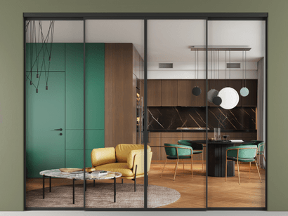 Алюминевая перегородка vn2+2_01 Crystalvision ЧЕР. Цвет Алюминий Черный. Материал Алюминий. Коллекция Перегородка Formato внутри проёма четырёхстворчатая. Картинка.