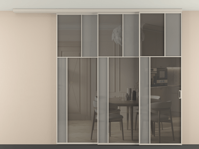 Алюминевая перегородка vdt3_4_АСБЖ_Серый сатин триплекс+Серый триплекс_new. Цвет Алюминий светло-бежевый. Материал Алюминий в эмали. Коллекция Перегородка Mosaic вдоль стены телескопик синхро 3. Картинка.