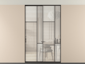 Алюминевая перегородка vntp2_7_ААН_DUNE+LED_new. Цвет Алюминий антрацит. Материал Алюминий в эмали. Коллекция Перегородка Mosaic внутри проёма двустворчатая со скрытым креплением в потолок. Картинка.