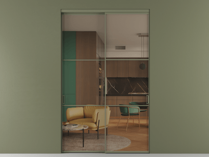 Алюминевая перегородка АЛПР 040.03_АОТ_Бронза триплекс_new. Цвет Алюминий оливковый тёмный. Материал Алюминий в эмали. Коллекция Перегородка Formato внутри проёма двустворчатая. Картинка.