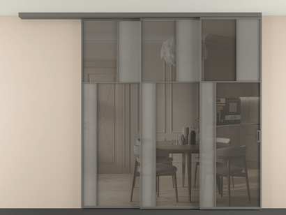 Алюминевая перегородка vdt3_4_АКЛС_Серый сатин триплекс+Серый триплекс_new. Цвет Алюминий классический серый. Материал Алюминий в эмали. Коллекция Перегородка Mosaic вдоль стены телескопик синхро 3. Картинка.