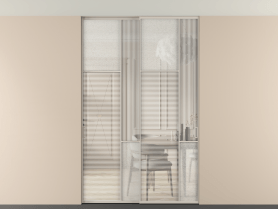 Алюминевая перегородка vntp2_7_АСБЖ_DUNE+LED_new. Цвет Алюминий светло-бежевый. Материал Алюминий в эмали. Коллекция Перегородка Mosaic внутри проёма двустворчатая со скрытым креплением в потолок. Картинка.