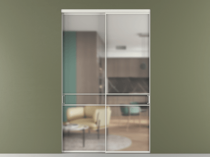 Алюминевая перегородка АЛПР 040.02_АСР_Matelux Crystalvision_new. Цвет Алюминий серый. Материал Алюминий в эмали. Коллекция Перегородка Formato внутри проёма двустворчатая. Картинка.