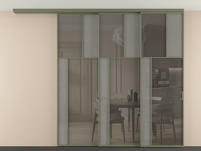 Алюминевая перегородка vdt3_4_АОТ_Серый сатин триплекс+Серый триплекс_new. Цвет Алюминий оливковый тёмный. Материал Алюминий в эмали. Коллекция Перегородка Mosaic вдоль стены телескопик синхро 3. Картинка.