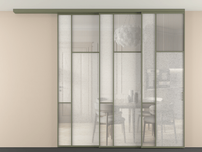 Алюминевая перегородка vdt3_5_АОТ_DUNE+LED_new. Цвет Алюминий оливковый тёмный. Материал Алюминий в эмали. Коллекция Перегородка Mosaic вдоль стены телескопик синхро 3. Картинка.