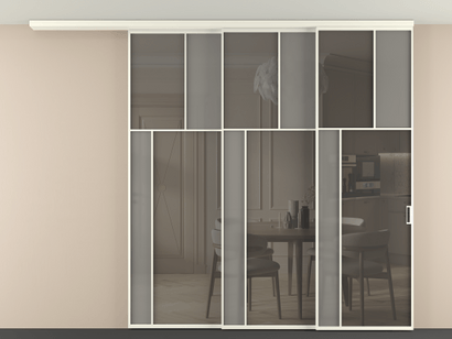 Алюминевая перегородка vdt3_4_АЖМ_Серый сатин триплекс+Серый триплекс_new. Цвет Алюминий жемчужный. Материал Алюминий в эмали. Коллекция Перегородка Mosaic вдоль стены телескопик синхро 3. Картинка.