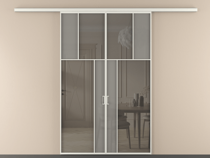 Алюминевая перегородка vd2_2_АСР_Серый сатин триплекс+Серый триплекс_new. Цвет Алюминий серый. Материал Алюминий в эмали. Коллекция Перегородка Mosaic вдоль стены двустворчатая. Картинка.