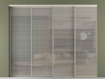 Алюминевая перегородка АЛПР 040.07_АСБЖ_Серый сатин триплекс_new. Цвет Алюминий светло-бежевый. Материал Алюминий в эмали. Коллекция Перегородка Formato внутри проёма телескопик синхро 3. Картинка.