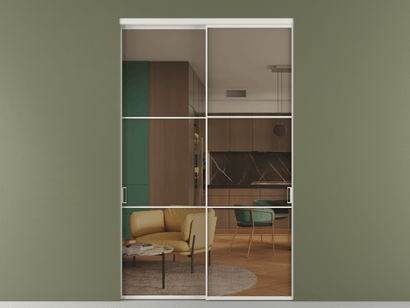 Алюминевая перегородка АЛПР 040.03_АСР_Бронза триплекс_new. Цвет Алюминий серый. Материал Алюминий в эмали. Коллекция Перегородка Formato внутри проёма двустворчатая. Картинка.