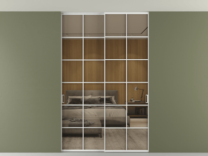 Алюминевая перегородка АЛПР 040.05_АБЛ_Stopsol Bronze_new. Цвет Алюминий белоснежный. Материал Алюминий в эмали. Коллекция Перегородка Formato внутри проёма двустворчатая со скрытым креплением в потолок. Картинка.