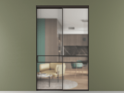 Алюминевая перегородка АЛПР 040.02_ААН_Matelux Crystalvision_new. Цвет Алюминий антрацит. Материал Алюминий в эмали. Коллекция Перегородка Formato внутри проёма двустворчатая. Картинка.