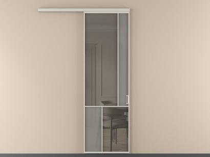 Алюминевая перегородка vd1_1 Алюминий тёплый серый Серый сатин матовое + Серый прозрачное. Цвет Алюминий тёплый серый. Материал Алюминий в эмали. Коллекция Перегородка Mosaic вдоль стены одностворчатая. Картинка.