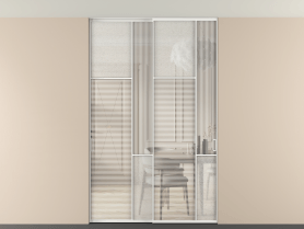 Алюминевая перегородка vntp2_7_АБЛ_DUNE+LED_new. Цвет Алюминий белоснежный. Материал Алюминий в эмали. Коллекция Перегородка Mosaic внутри проёма двустворчатая со скрытым креплением в потолок. Картинка.