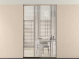 Алюминевая перегородка vntp2_7_АБСК_DUNE+LED_new. Цвет Алюминий бисквитный. Материал Алюминий в эмали. Коллекция Перегородка Mosaic внутри проёма двустворчатая со скрытым креплением в потолок. Картинка.