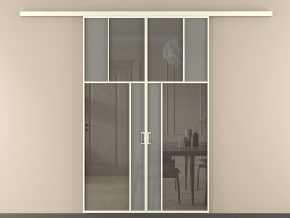 Алюминевая перегородка vd2_2_АМБ_Серый сатин триплекс+Серый триплекс_new. Цвет Алюминий молочно-белый. Материал Алюминий в эмали. Коллекция Перегородка Mosaic вдоль стены двустворчатая. Картинка.