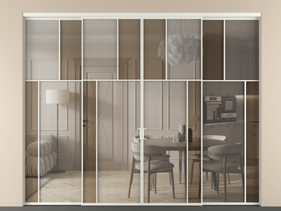 Алюминевая перегородка vnt4_4 БЕЛ. Цвет Алюминий Белый. Материал Алюминий. Коллекция Перегородка Mosaic внутри проёма четырёхстворчатая. Картинка.