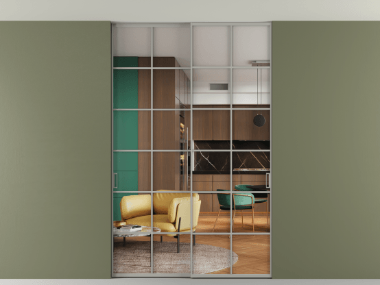 Алюминевая перегородка АЛПР 040.05_АНСР_Crystalvision_new. Цвет Алюминий нейтральный серый. Материал Алюминий в эмали. Коллекция Перегородка Формато внутри проёма скрытое крепление в потолок 2 створки. Картинка.