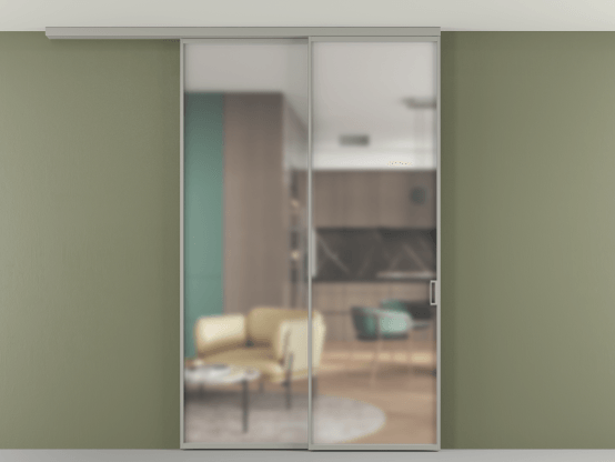 Алюминевая перегородка АЛПР 040.01_АНСР_Matelux Crystalvision_new. Цвет Алюминий нейтральный серый. Материал Алюминий в эмали. Коллекция Перегородка Formato вдоль стены на потолок 2 створки с синхронным механизмом. Картинка.