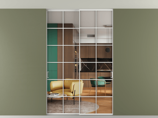 Алюминевая перегородка АЛПР 040.05_АБЛ_Crystalvision_new. Цвет Алюминий белоснежный. Материал Алюминий в эмали. Коллекция Перегородка Формато внутри проёма скрытое крепление в потолок 2 створки. Картинка.