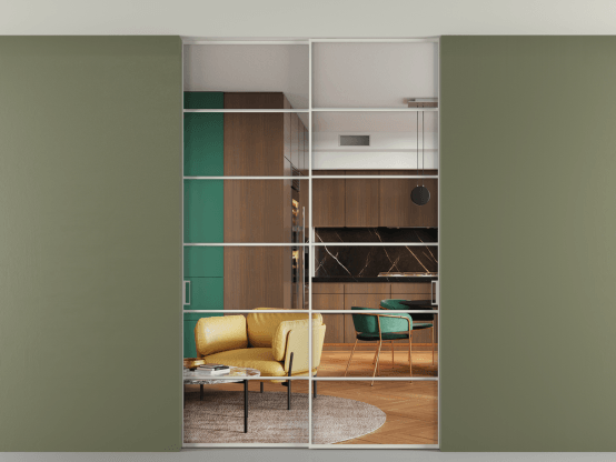 Алюминевая перегородка p2_04 Crystalvision БЕЛ. Цвет Алюминий Белый. Материал Алюминий. Коллекция Перегородка Formato внутри проёма скрытое крепление в потолок 2 створки. Картинка.