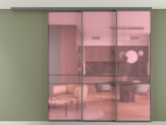 Алюминевая перегородка АЛПР 040.02_АКЛС_САТ РОЗ_new. Цвет Алюминий классический серый. Материал Алюминий в эмали. Коллекция Перегородка Формато вдоль стены на потолок 3 створки с синхронным механизмом. Картинка.