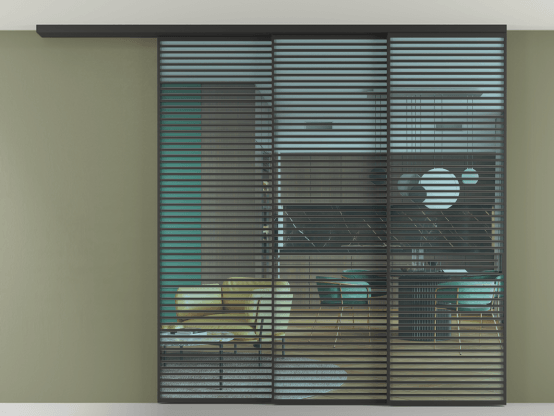 Алюминевая перегородка АЛПР 040.07_ЧРН_ПРОЗ ГОЛ_new. Цвет Алюминий Черный. Материал Алюминий. Коллекция Перегородка Formato вдоль стены на потолок 3 створки с синхронным механизмом. Картинка.