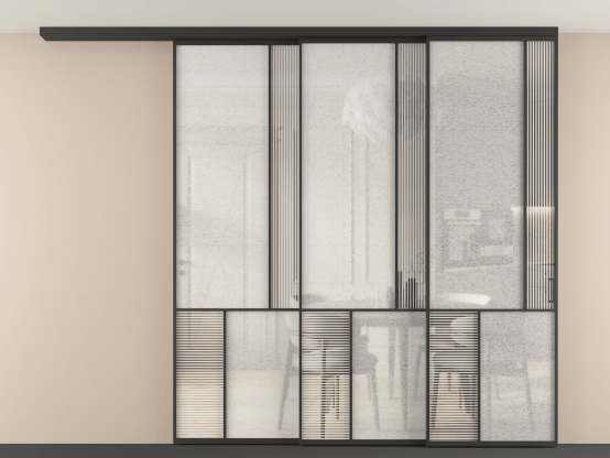 Алюминевая перегородка vdt3_1 ЧЕР. Цвет Алюминий Черный. Материал Алюминий. Коллекция Перегородка Мозаик вдоль стены на потолок 3 створки с синхронным механизмом. Картинка.