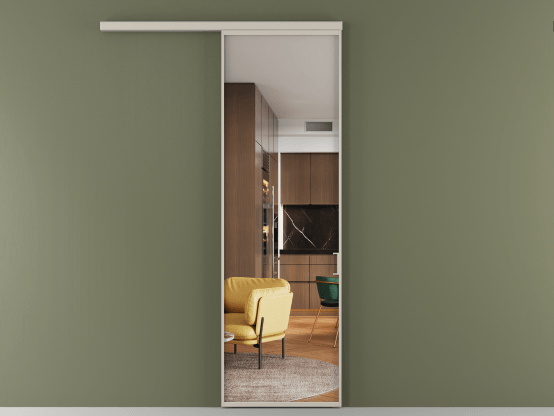 Алюминевая перегородка АЛПР 040.01_АСБЖ_Crystalvision_new. Цвет Алюминий светло-бежевый. Материал Алюминий в эмали. Коллекция Перегородка Формато вдоль стены 1 створка. Картинка.