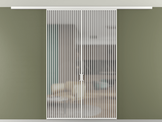 Алюминевая перегородка АЛПР 040.06_АБЛ_Matelux Crystalvision_new. Цвет Алюминий белоснежный. Материал Алюминий в эмали. Коллекция Перегородка Формато вдоль стены на потолок 2 створки. Картинка.