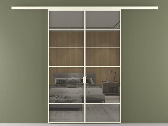 Алюминевая перегородка АЛПР 040.04_АМБ_Stopsol Grey_new. Цвет Алюминий молочно-белый. Материал Алюминий в эмали. Коллекция Перегородка Formato вдоль стены 2 створки. Картинка.