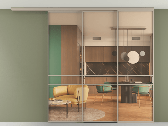 Алюминевая перегородка АЛПР 040.02_АБСК_ПРОЗ ОРАНЖ_new. Цвет Алюминий бисквитный. Материал Алюминий в эмали. Коллекция Перегородка Formato вдоль стены на потолок 3 створки с синхронным механизмом. Картинка.