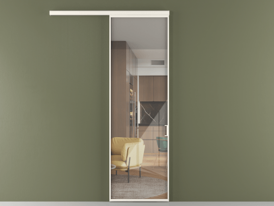 Алюминевая перегородка vd1_01_ Алюминий пудровый белый Stopsol Clear. Цвет Алюминий пудровый белый. Материал Алюминий в эмали. Коллекция Перегородка Formato вдоль стены 1 створка. Картинка.