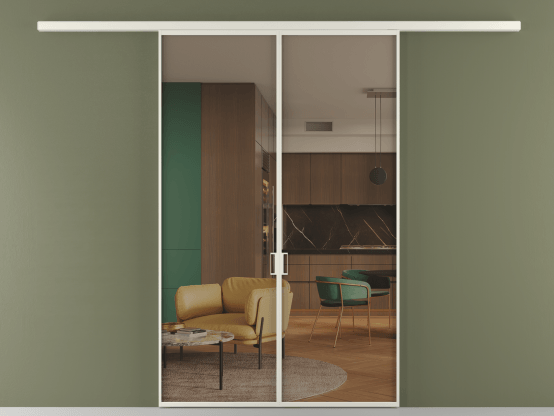 Алюминевая перегородка vd2_01 Бронза триплекс БЕЛ. Цвет Алюминий Белый. Материал Алюминий. Коллекция Перегородка Formato вдоль стены 2 створки. Картинка.