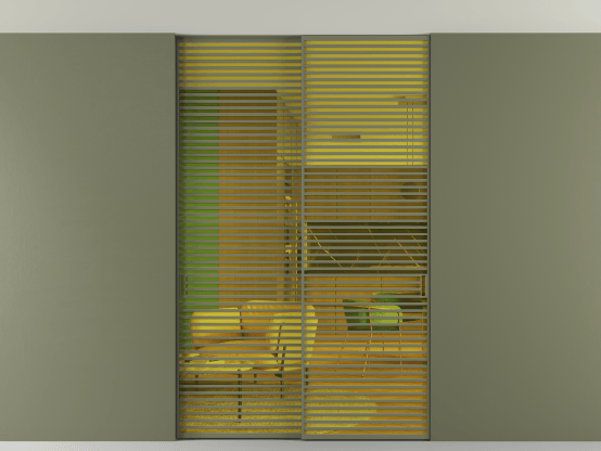 Алюминевая перегородка АЛПР 040.07_АОТ_ПРОЗ ЖЕЛ_new. Цвет Алюминий оливковый тёмный. Материал Алюминий в эмали. Коллекция Перегородка Formato внутри проёма скрытое крепление в потолок 2 створки. Картинка.